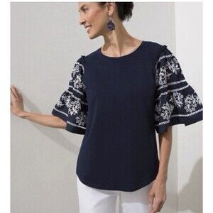 Chico's Navy Blue Jersey Knit Top with Tier Eyelet Sleeve size XL Boxy Blouse